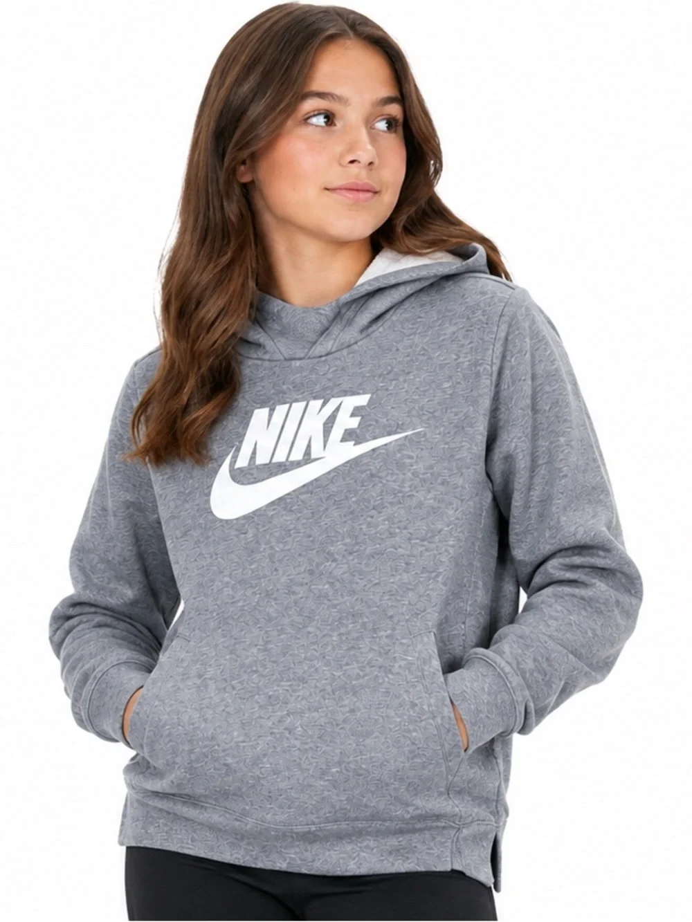Nike Girls Club Fleece HBR Pullover Hoodie Gray Heather White Size M BV2717
